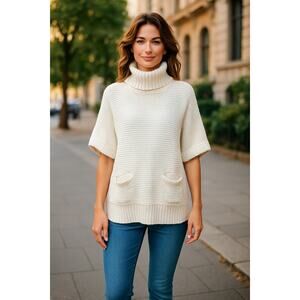 J Crew Turtleneck Poncho Sweater Short Sleeve Ivory Merino Wool Blend Size Small